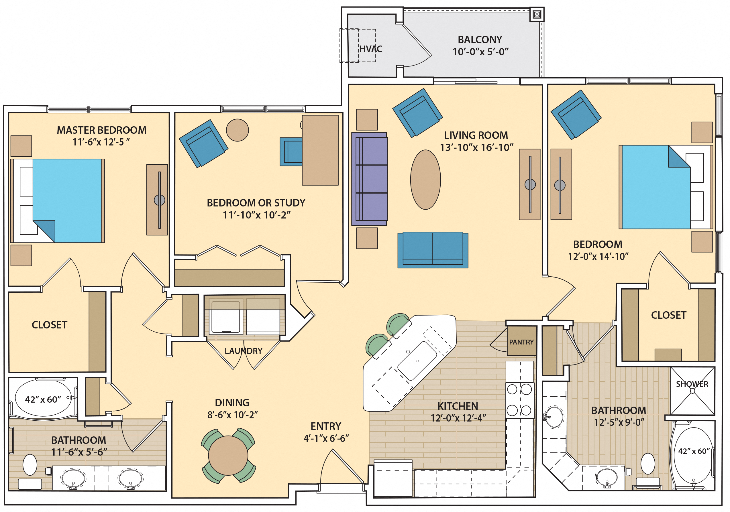 Floor plan for 3 beds, 2 baths, 1570 sqft